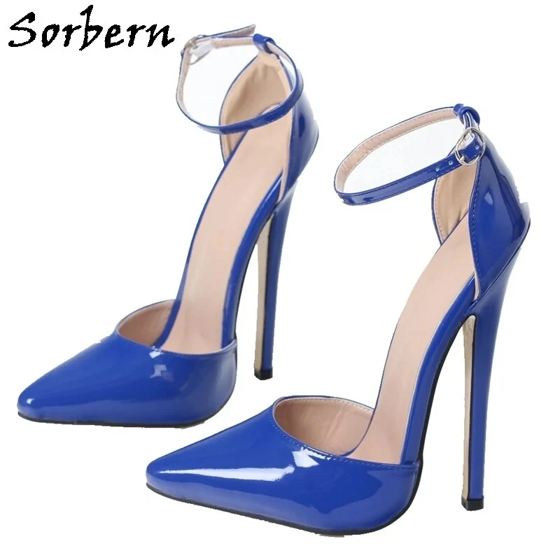 Sorbern, сексуальные Женские туфли-лодочки с ремешком на щиколотке, острый носок на высоком каблуке 18 см, лакированные синие блестящие Женские туфли-трансвеститы на шпильках Нестандартного цвета