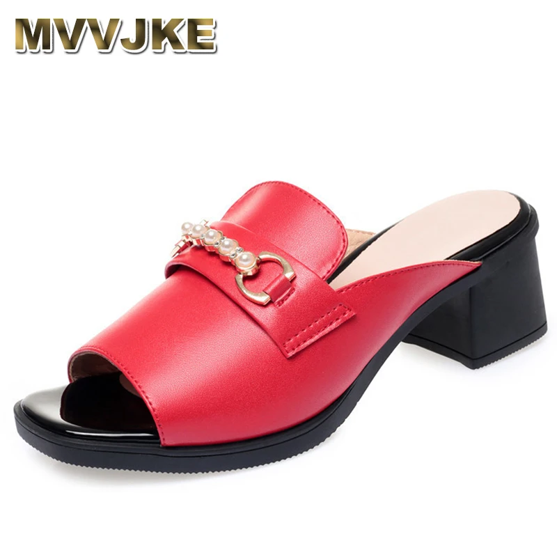 Женские шлепанцы из натуральной кожи, летний Новый стиль, женская обувь большого размера с квадратной пряжкой, красные модные тапочки на среднем каблуке