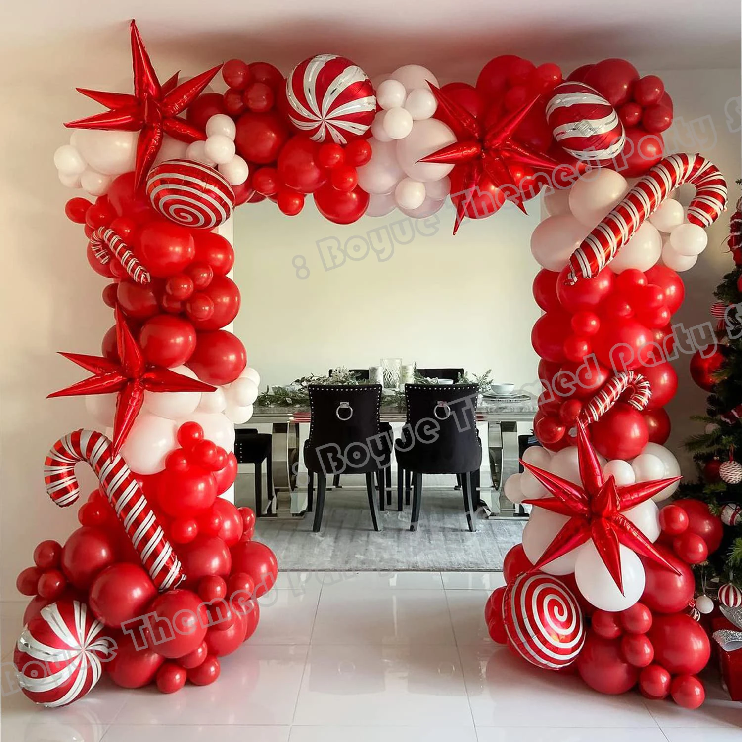 Набор рождественской гирлянды из воздушных шаров с рождественскими красно-белыми тростниковыми конфетными шариками, воздушными шарами с красной звездой для украшения рождественской вечеринки