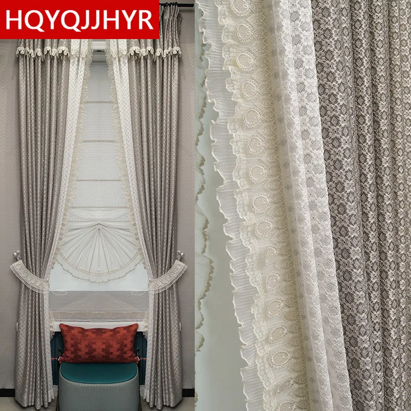 Роскошные шторы из серой вуали в европейском стиле с высококачественным белым кружевным тюлем для гостиной, кухни гостиничных апартаментов